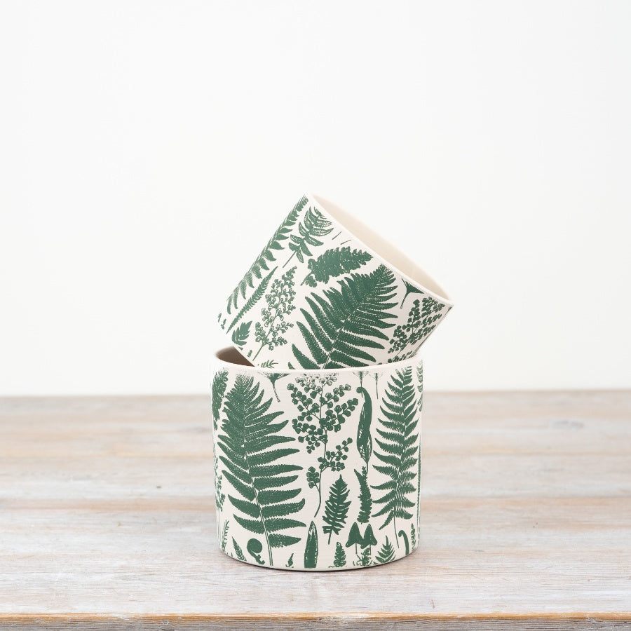 Green & White Leaf Terracotta Planter 11.8cm Rustic Botanical Design Indoor Outdoor Pot