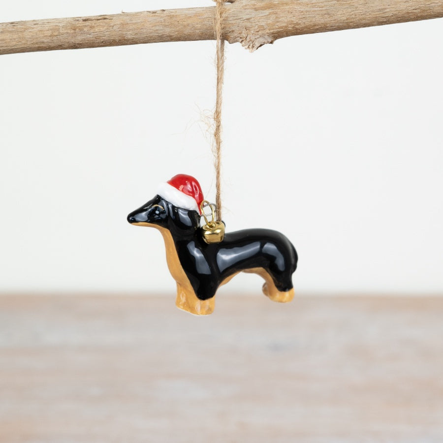 Hanging Sausage Dog Decoration – 6.2cm Jute Christmas Ornament, Festive Dachshund Hanger