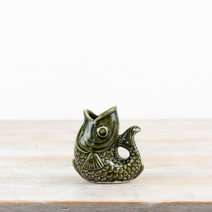 Green Fish Vase – 10.3cm Ceramic Jug, Decorative Flower or Utensil Pot, Traditional Design