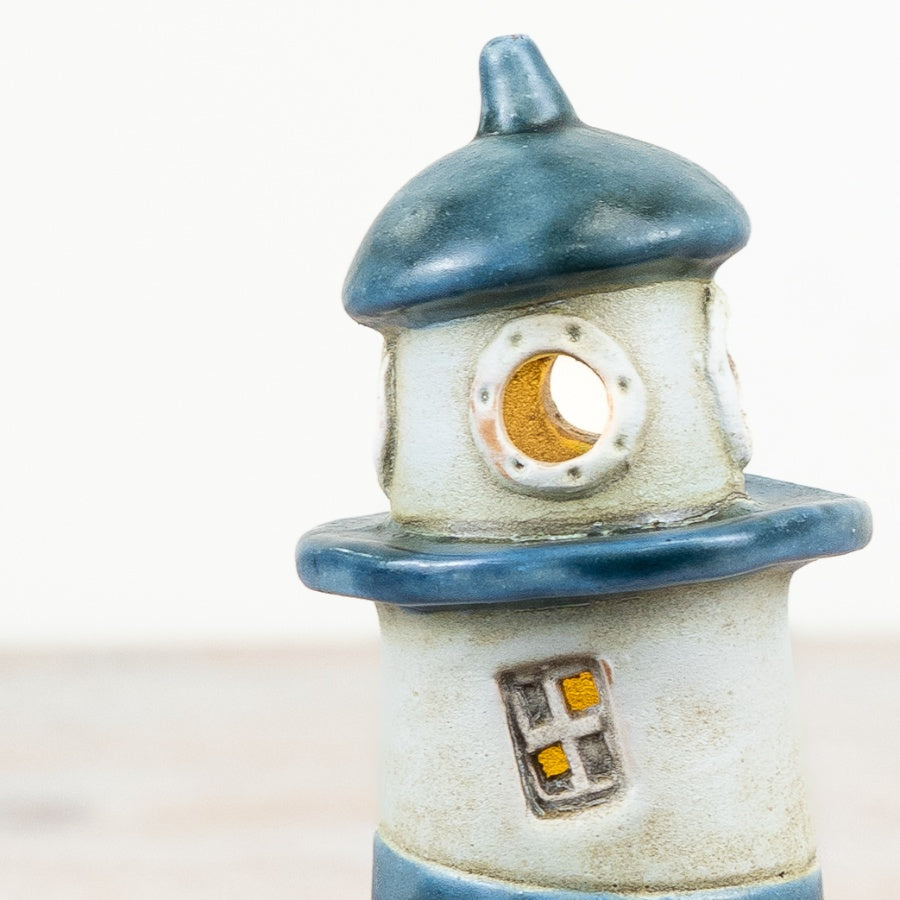 LED Lighthouse Decoration 16.5cm – Coastal Blue & White Tealight Ornament