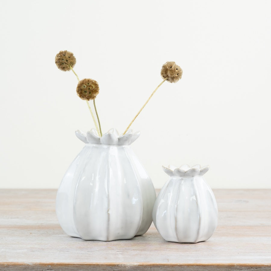White Poppy Bud Vase 11cm – Small Ceramic Flower Vase, Rustic & Modern Home Décor Accent