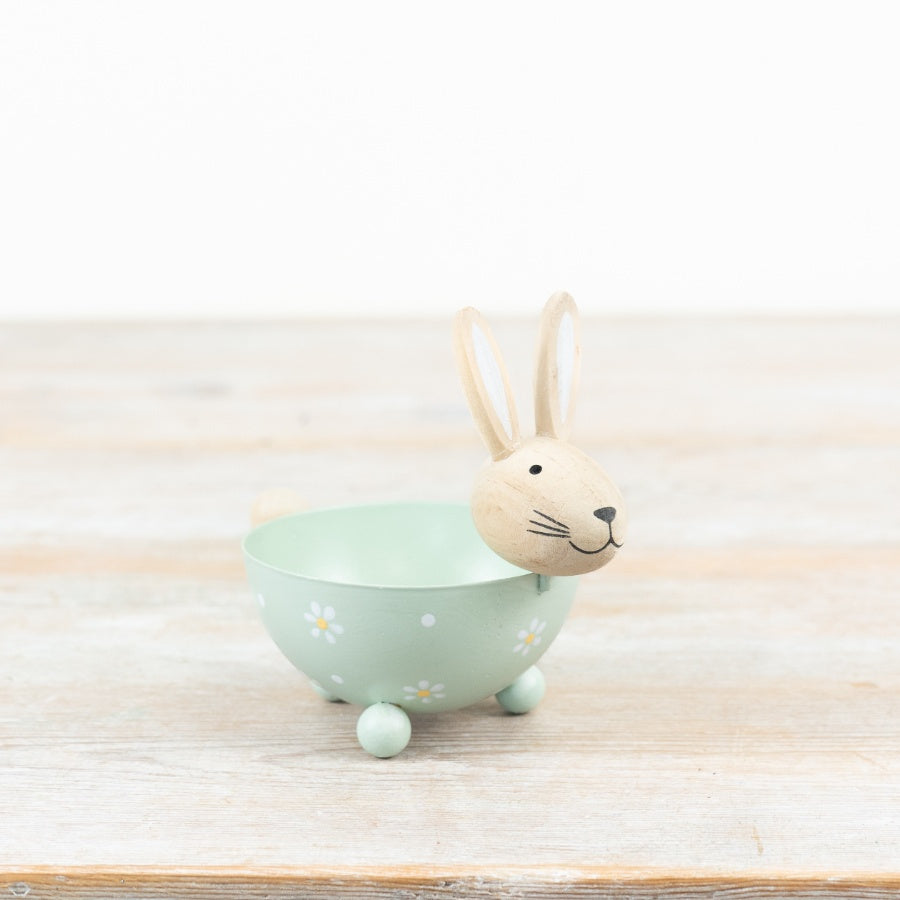 Daisy Bunny Bowl 12cm – Metal Decorative Bowl with Wooden Rabbit Face, Easter Treat Dish for Spring Home Decor