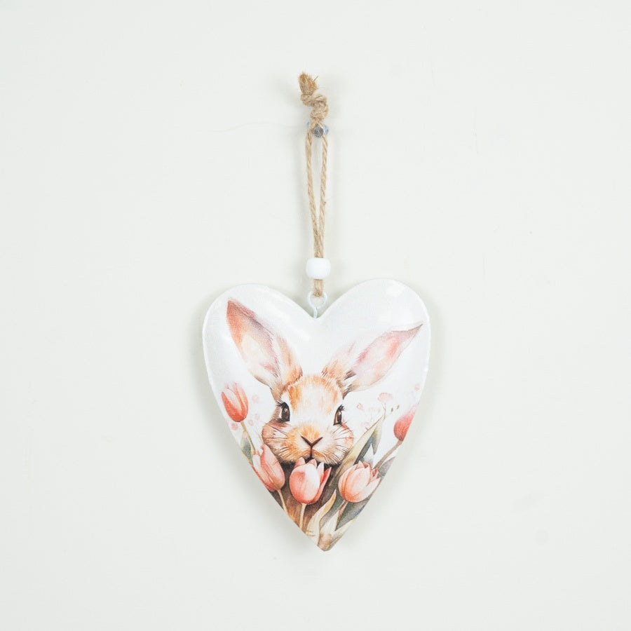 Rabbit Heart Hanging Decoration with Pink Tulip 11cm – Spring Bunny Ornament, Floral Easter Home Accent