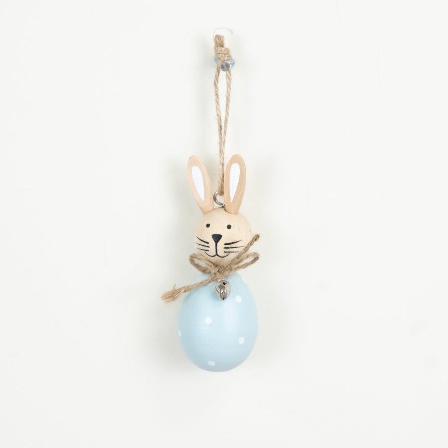 Blue Spotty Rabbit Hanging Decoration 9.2cm – Wooden Bunny Ornament, Rustic Spring Easter Decor for Tree or Home Styling