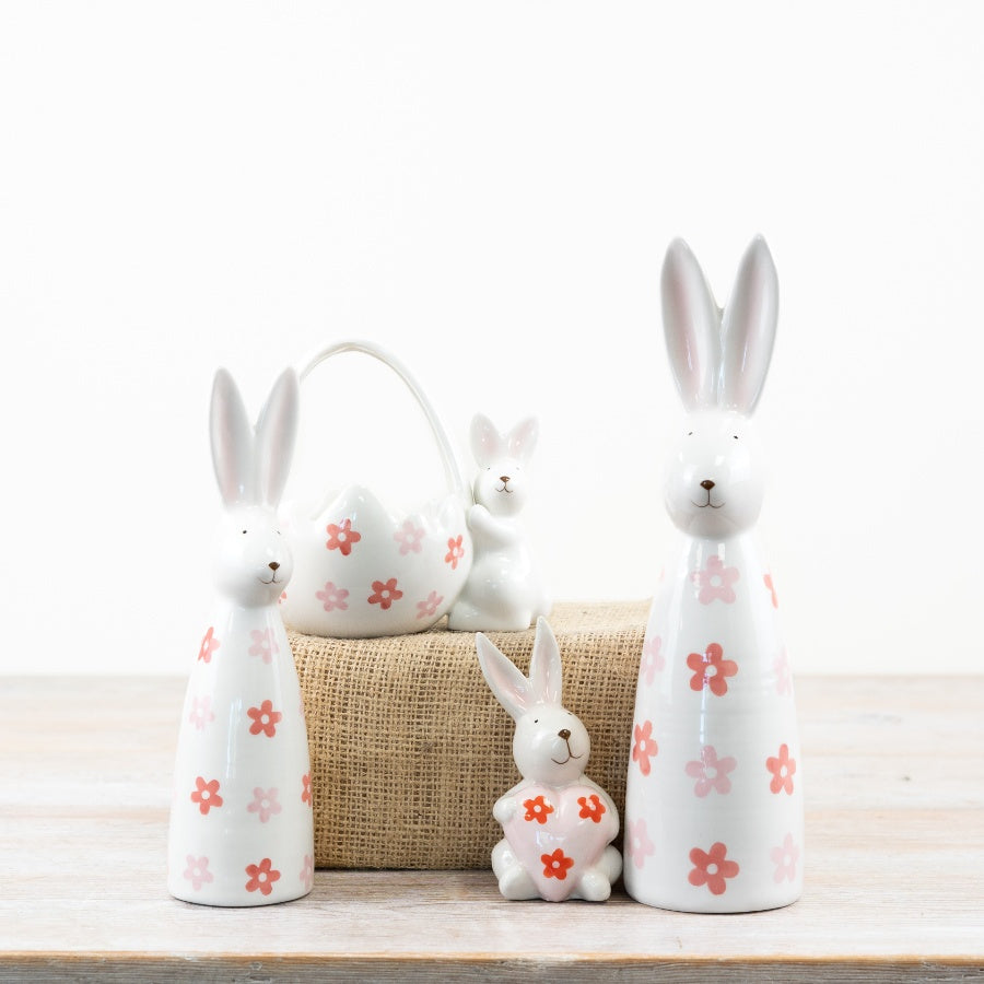 Ceramic Bunny Decoration 25.2cm – Floral Rabbit Ornament, Spring Easter Home Accent for Shelf or Table Display