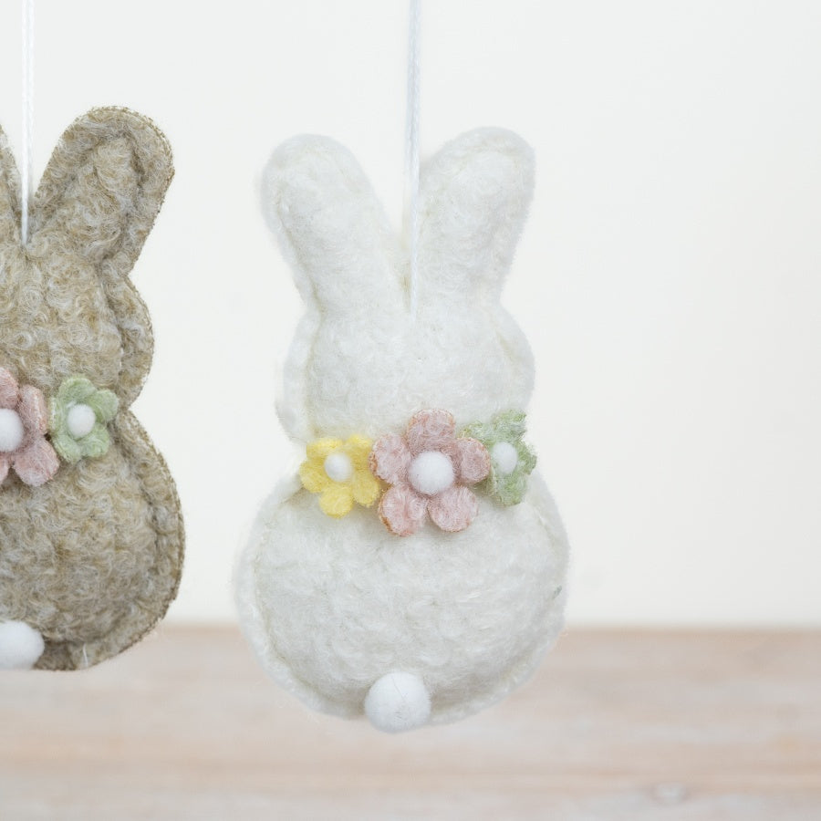 Set of 4 Hanging Fabric Bunnies 10cm – Pastel Easter Bunny Ornaments with Floral Detail, Spring Decor for Home Display