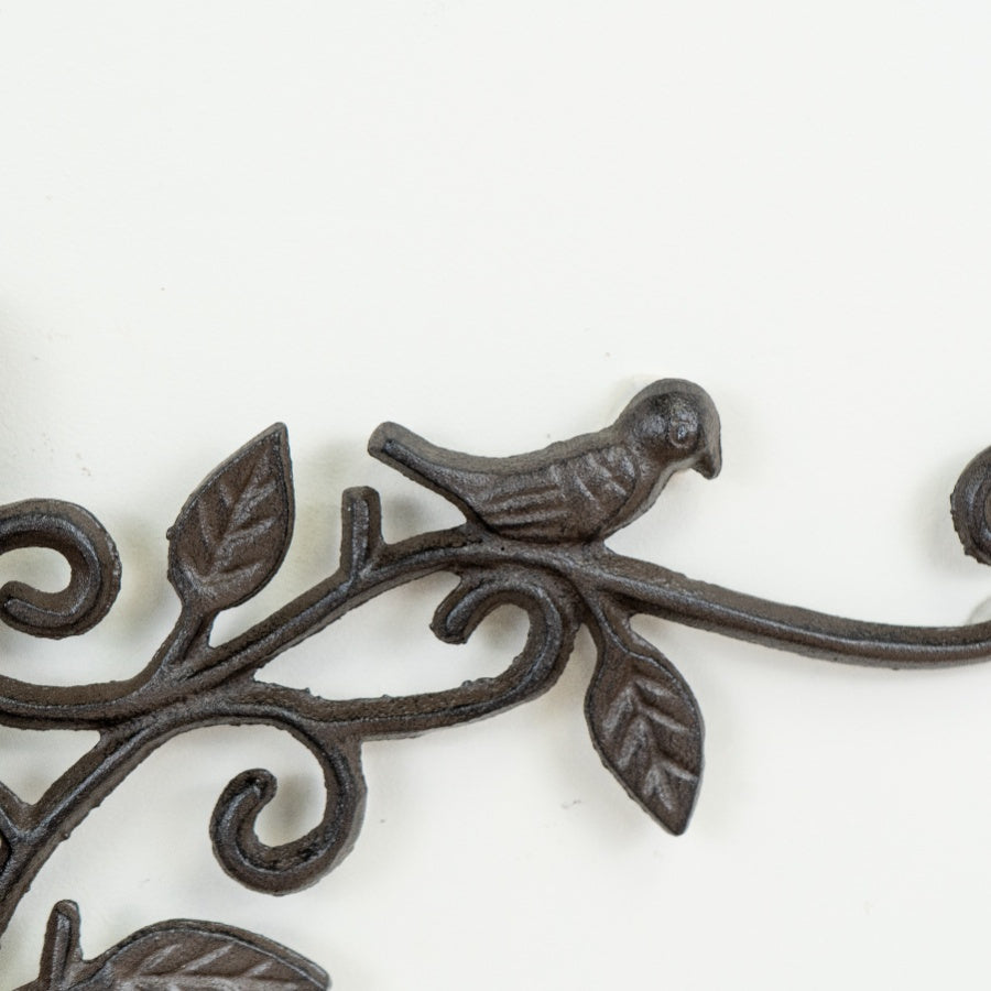 Leaf & Bird Wall Hanger – 24.5cm Cast Iron Decorative Hook for Hanging Baskets, Garden Décor