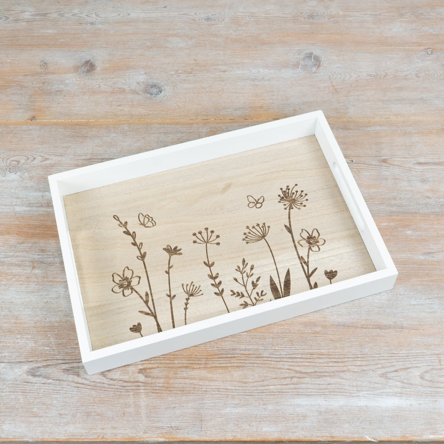 Wooden Serving Tray with Flower Design 35cm – Decorative Rustic Display Tray, Floral Home Decor for Dining & Coffee Table