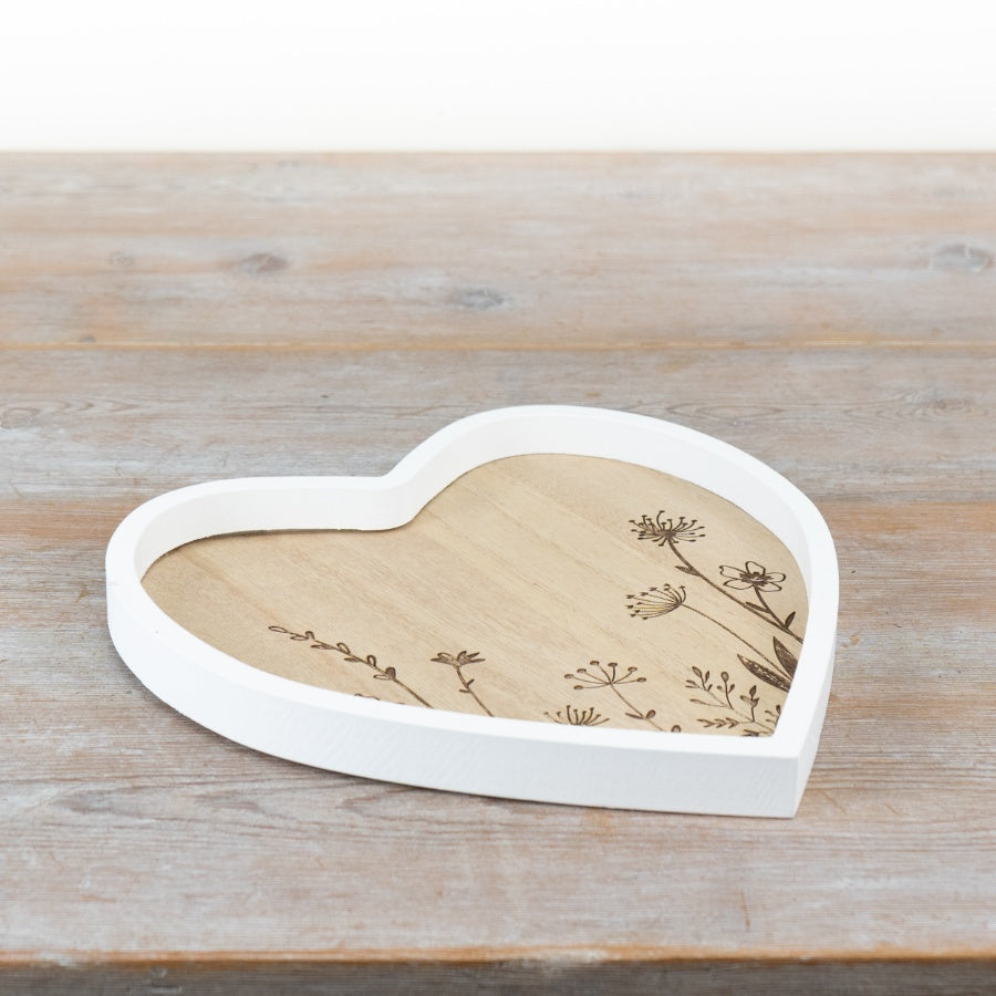 Heart Wooden Serving Tray with Rose Design 24.5cm – Rustic Decorative Tray, Floral Display for Kitchen & Table Styling