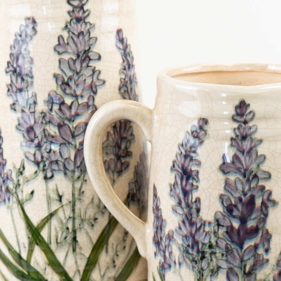 Lavender Jug 27.5cm – Rustic Glazed Ceramic Pitcher with Vintage Lavender Flower Illustration
