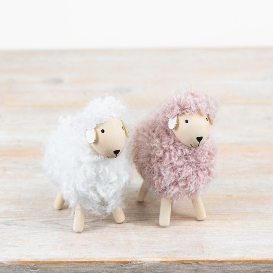 Set of 2 Sherpa Sheep Ornaments 12cm – Woolly Sheep Decor with Wooden Legs, Neutral Farmhouse Spring Home Accent