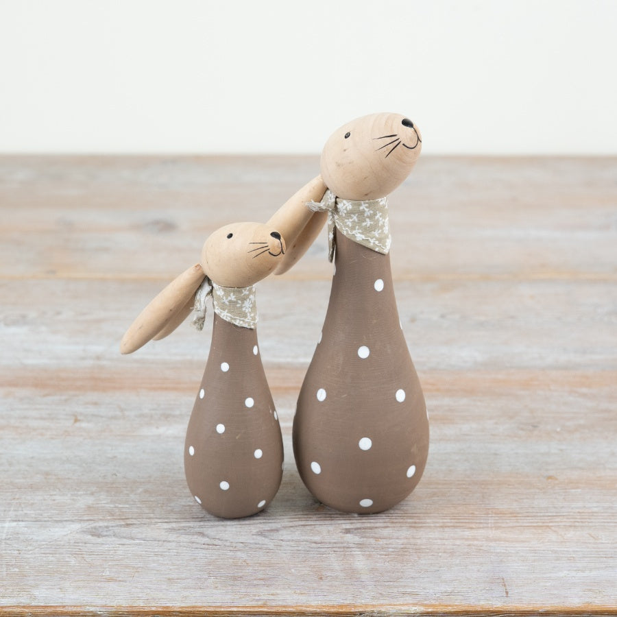 Wooden Polkadot Rabbit 14.5cm – Rustic Bunny Ornament with Fabric Scarf, Neutral Spring Easter Decor