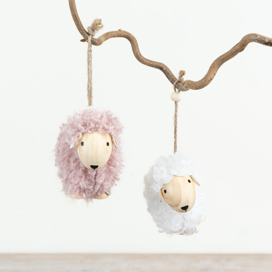 Set of 2 Woolly Sheep Hanging Decorations 10cm – Rustic Sheep Ornaments with Jute Twine, Spring Farmhouse Home Decor