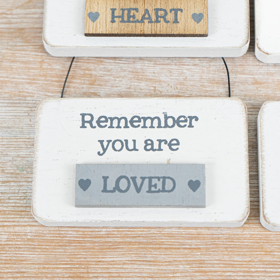 Mini Wooden Sign Mix – Set of 4 Assorted 7cm Natural & Grey Hanging Signs with Wire Hanger