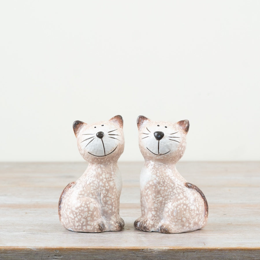 Set of 2 Sitting Pottery Cats 13.5cm – Charming Neutral Cat Ornaments