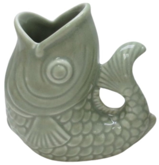Sage Green Fish Vase – 10.3cm Decorative Ceramic Ornament, Stylish Small Flower Vase, Coastal Home Décor Accent