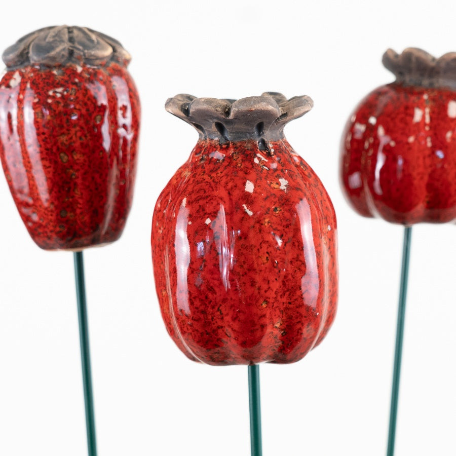 Red Ovary-Flower Garden Stakes 64cm – Set of 3 Metal Decorative Plant Stakes