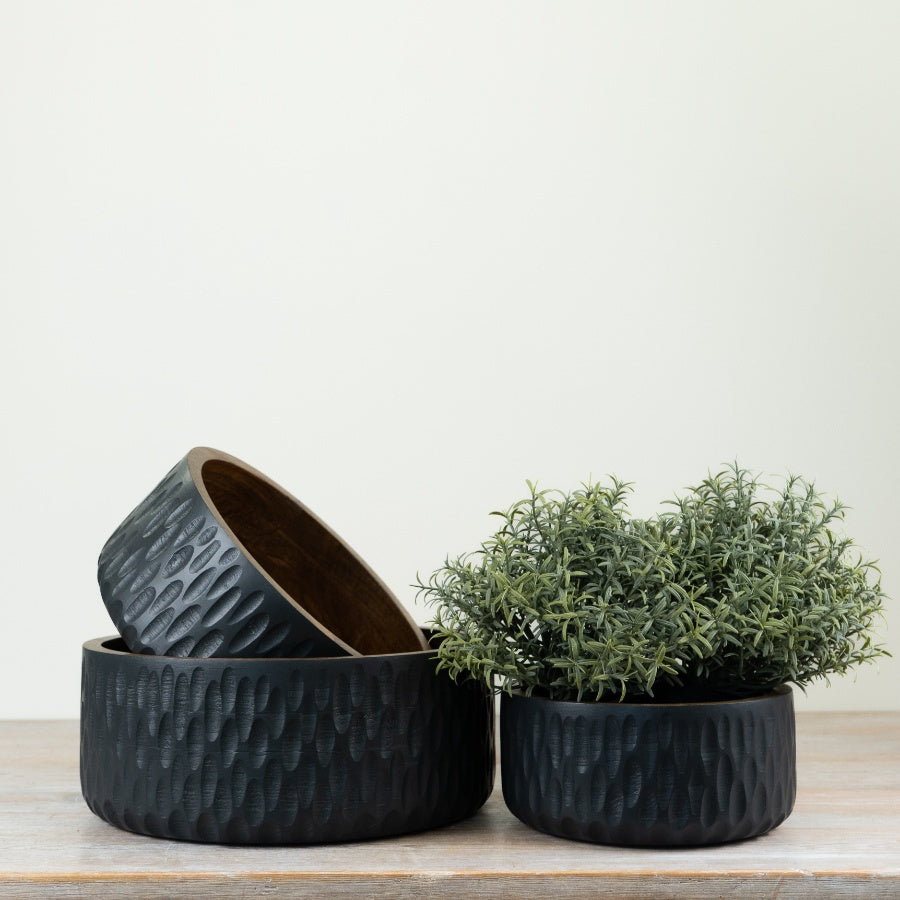 Matt Black Wooden Bowl 25cm – Large Rustic Serving Bowl, Modern Decorative Table Centrepiece