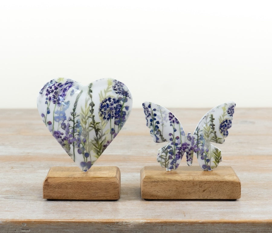 Lavender Design Heart on Base 12cm – Enamel Iron Heart Ornament, Rustic Floral Home Decor Accent on Stand