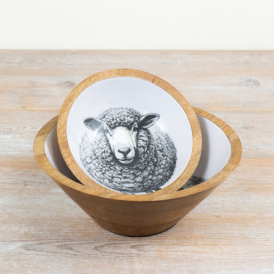 Sheep Wooden Enamel Bowl 23cm – Rustic Farmhouse Serving Bowl, Decorative Country Kitchen Dish