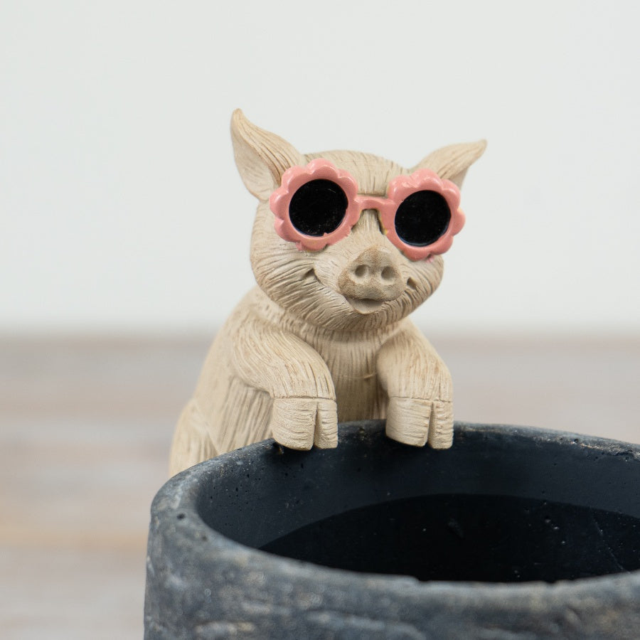 Pig Pot Hanger with Sunglasses 9cm – Mini Resin Planter Decor, Cute Animal Plant Accessory for Indoor & Garden Styling