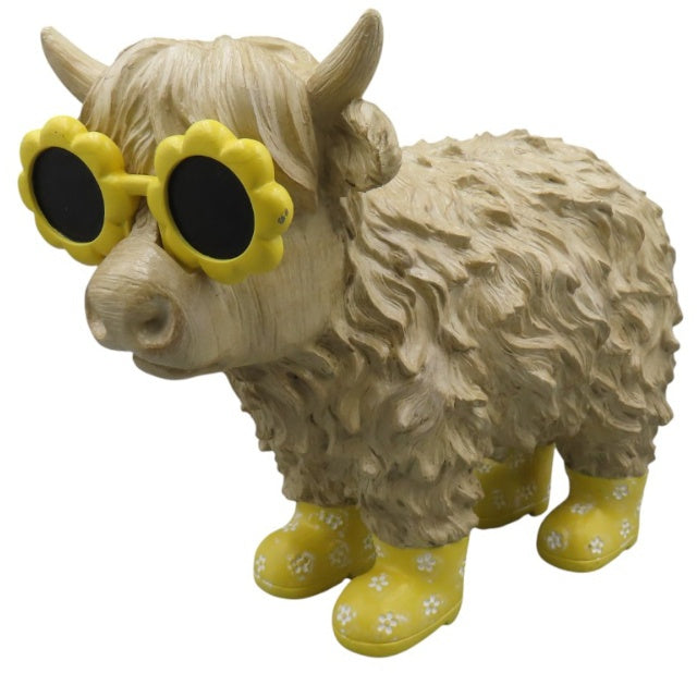 Sunglasses Highland Cow Figurine 30cm – Quirky Cow Ornament with Yellow Wellies, Fun Home or Garden Decor Statement