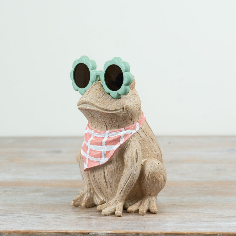 Resin Sunglasses Frog Figurine 20cm – Cute Garden Ornament with Scarf, Decorative Frog Statue for Home or Outdoor Display