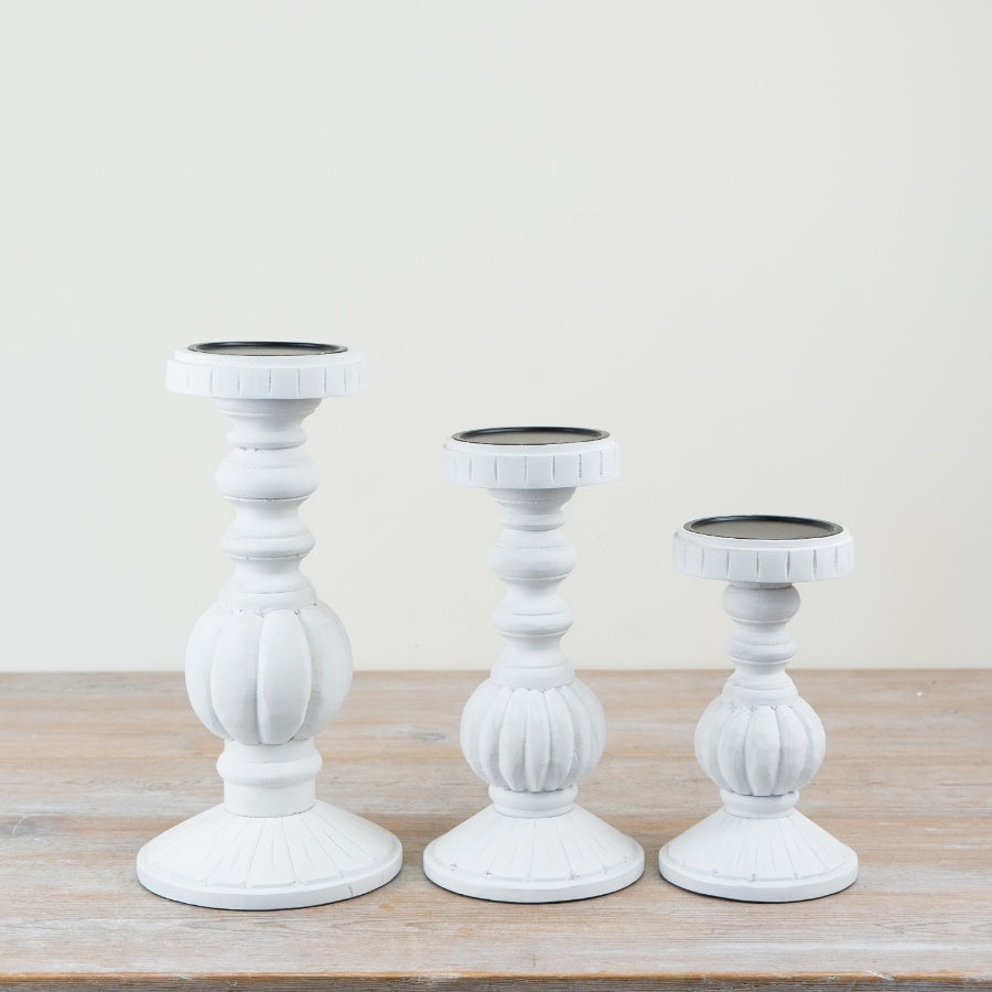 White Washed Candle Holder 30cm – Distressed Wooden Candlestick, Rustic Farmhouse Decor for Dining Table Display