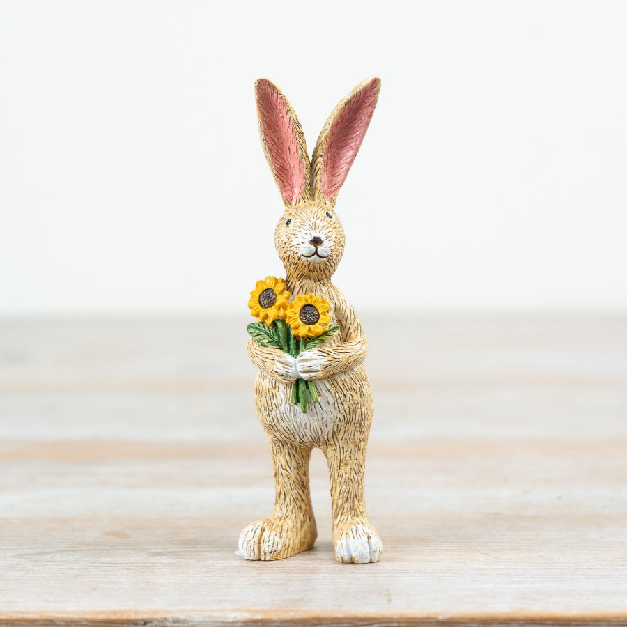 Jasper Rabbit with Sunflower 14cm – Spring Bunny Figurine with Floral Detail, Charming Easter Home Decoration