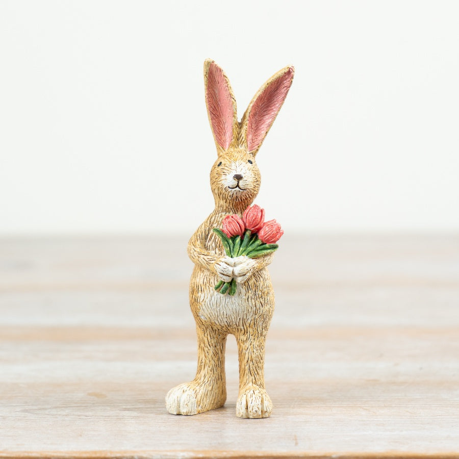 Jasper Rabbit with Tulips 14cm – Spring Bunny Figurine Holding Flowers, Cute Easter Decoration for Home Styling
