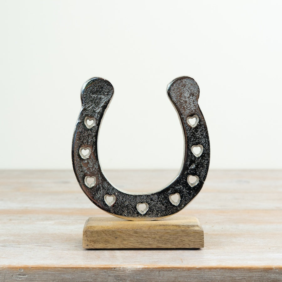 Horseshoe Ornament on Base 18cm – Rustic Lucky Decor with Heart Cut Detail, Farmhouse Home Accent