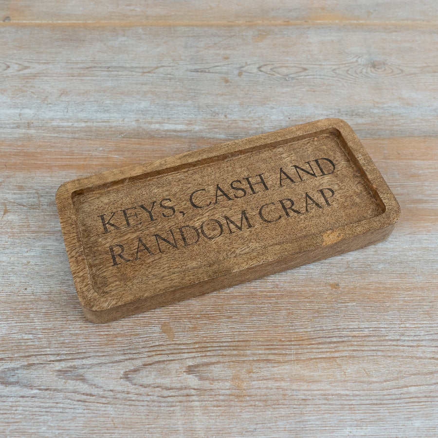 Keys Cash Random Crap Wooden Tray 23cm – Funny Rustic Organiser Dish for Keys Coins and Entryway Storage