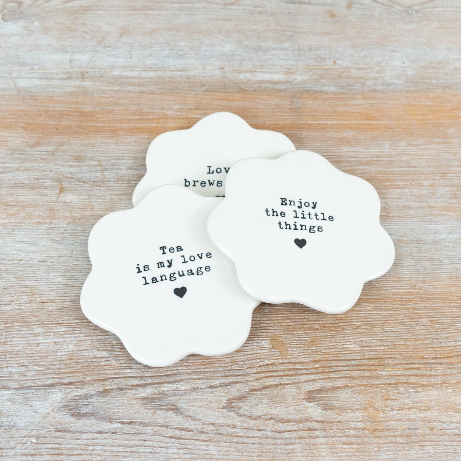 Love Brews Here Flower Coaster 10cm – Porcelain Drink Mat Romantic Heart Design Kitchen Table Decor Gift