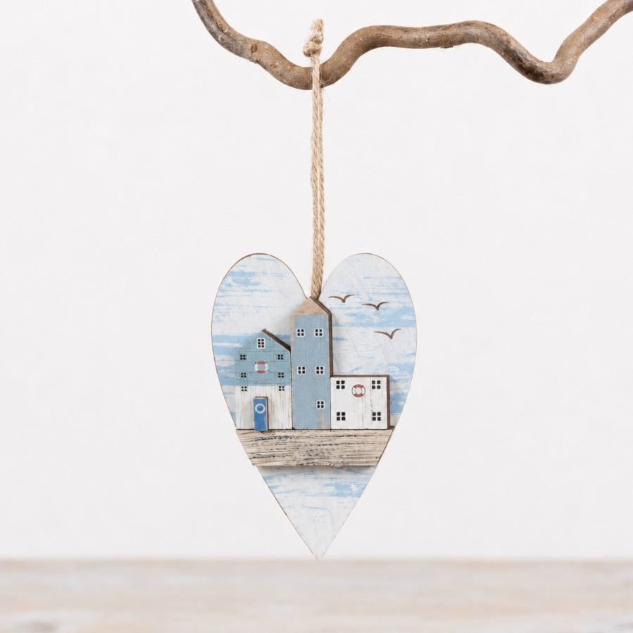 Wooden Beach Danglers Set of 2 10cm – Coastal Heart Hanging Decorations Nautical Home Decor Accent