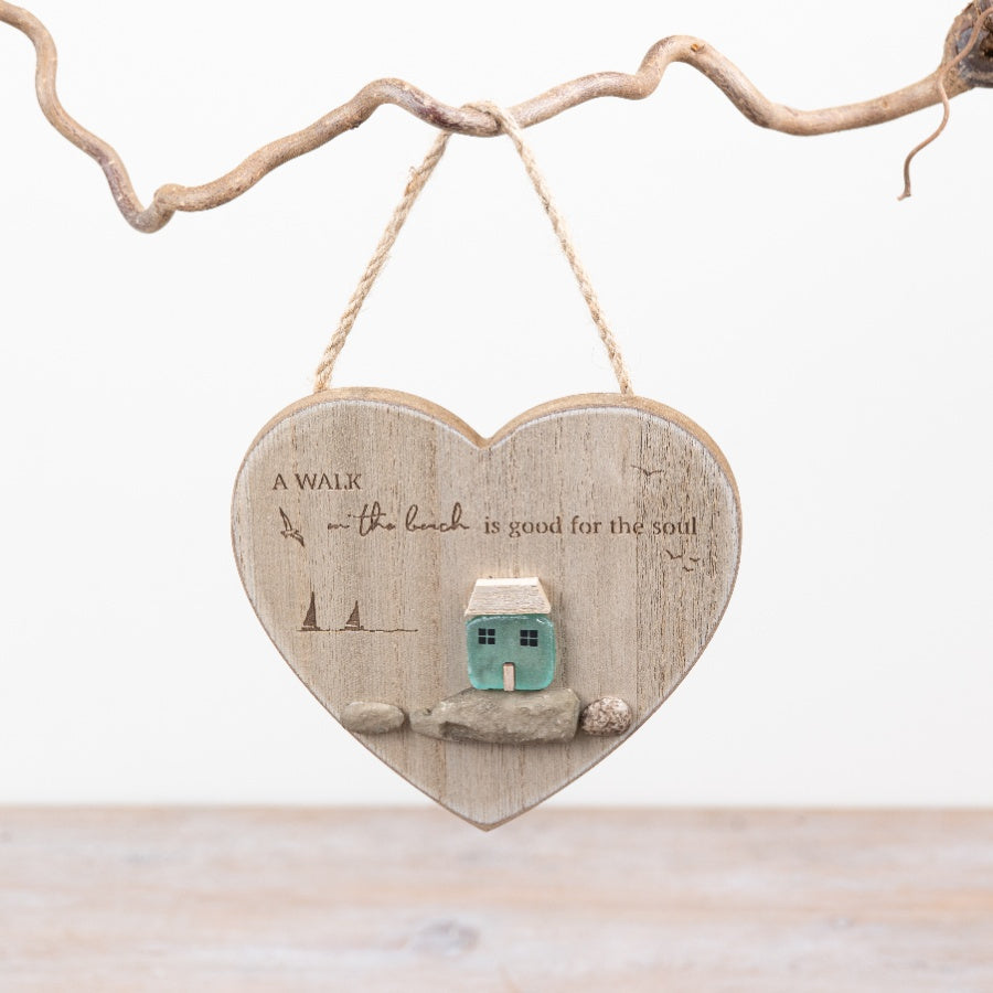 Heart Shaped Wooden Hanging Decoration 14cm – Coastal Beach Style Ornament, Nautical Home Decor Accent