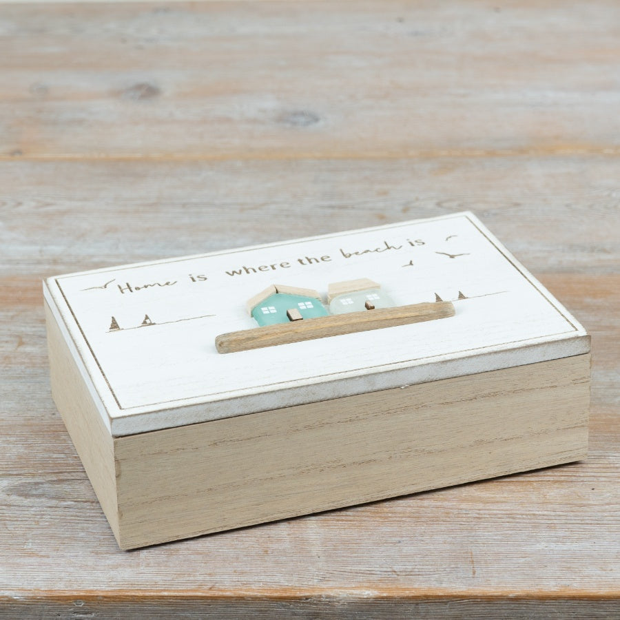 Seaside Trinket Box 20cm – Wooden Coastal Storage Box, Nautical Keepsake Organiser for Jewellery & Home Decor