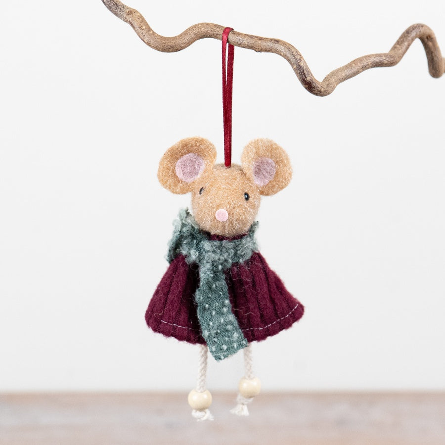 Festive Mouse Hanging Decoration Felt Mouse Ornament Burgundy Coat Scarf Christmas Tree Décor 15cm Item #79025