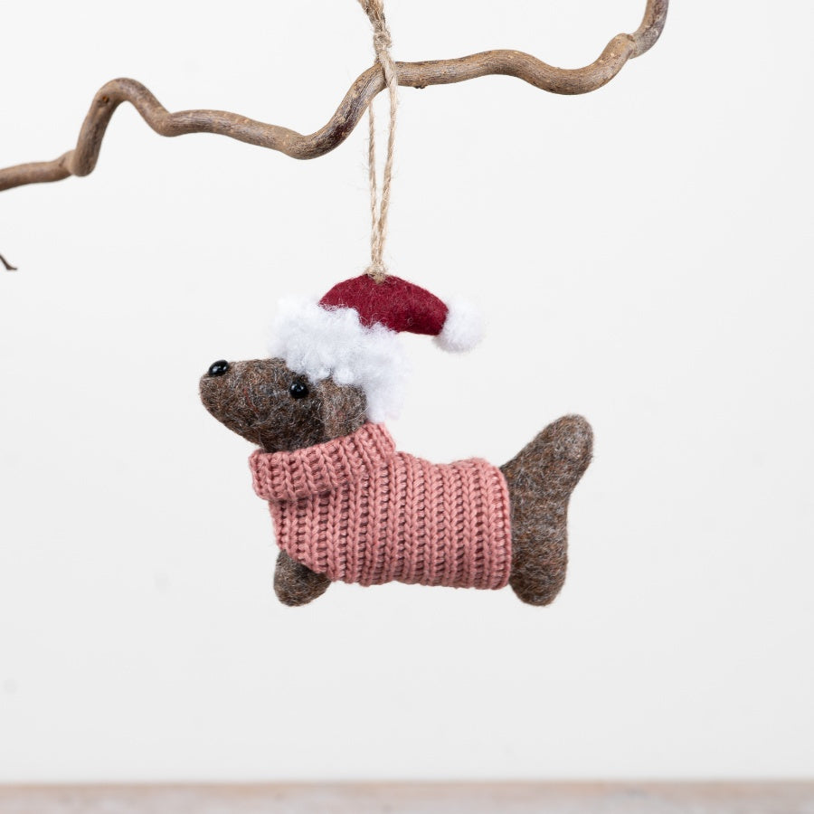 Festive Dog Hanging Decoration Felt Dog Ornament Knitted Jumper Santa Hat Christmas Tree Décor 11cm Item #79027