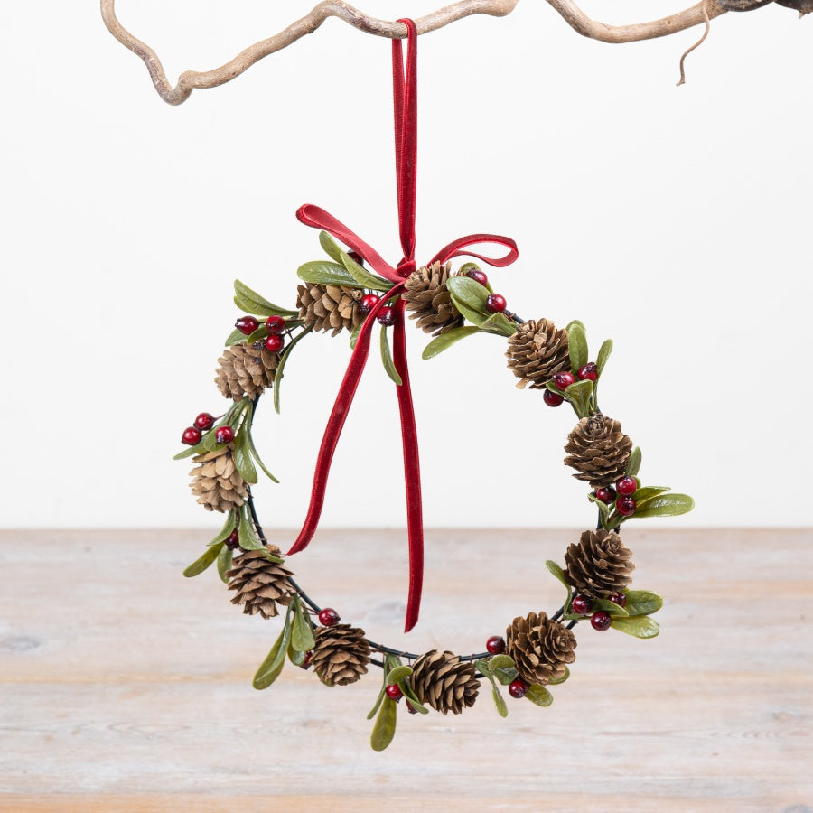 Pinecone & Foliage Mini Wreath Christmas Door Wreath with Red Berries Ribbon Rustic Festive Décor 21cm Item #79093