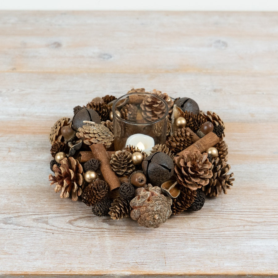 Festive Pinecone and Foliage T-Light Holder Natural Christmas Candle Centrepiece Seasonal Home Décor 24cm Item #79109
