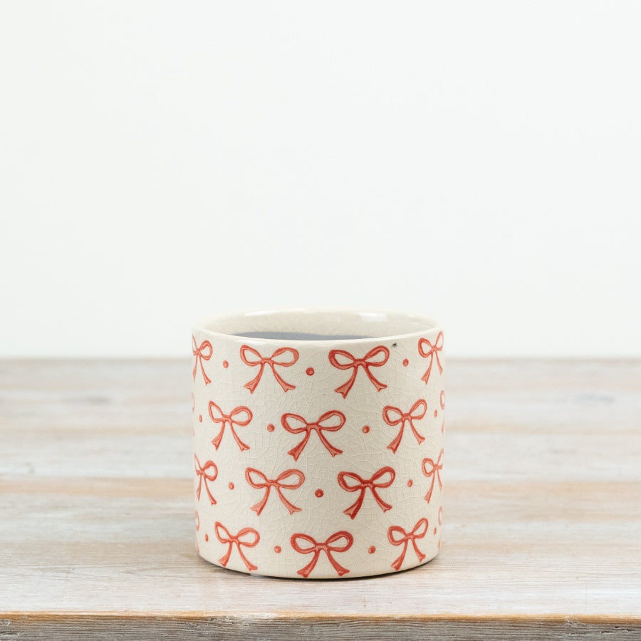 Bow Detail Planter 11.7cm – Pink & Cream Ceramic Plant Pot, Cute Decorative Indoor Planter for Modern Home Styling