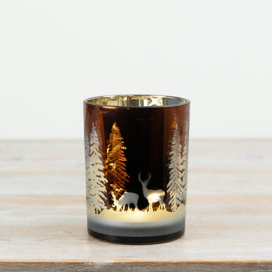 Forest Scene Glass Candle Holder Woodland Deer Tealight Lantern Winter Home Décor 12.5cm Item #79248