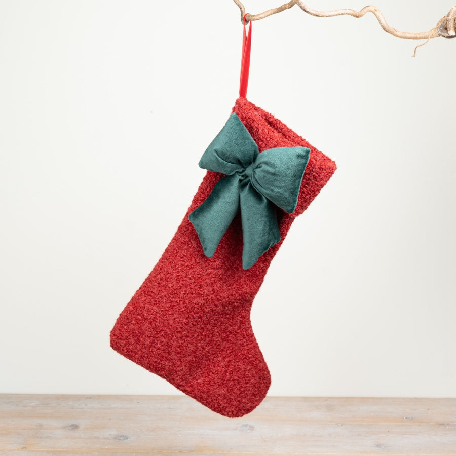 Christmas Stocking with Bow Red Fabric Stocking Green Velvet Bow Hanging Festive Home Décor 25x38cm Item #79297