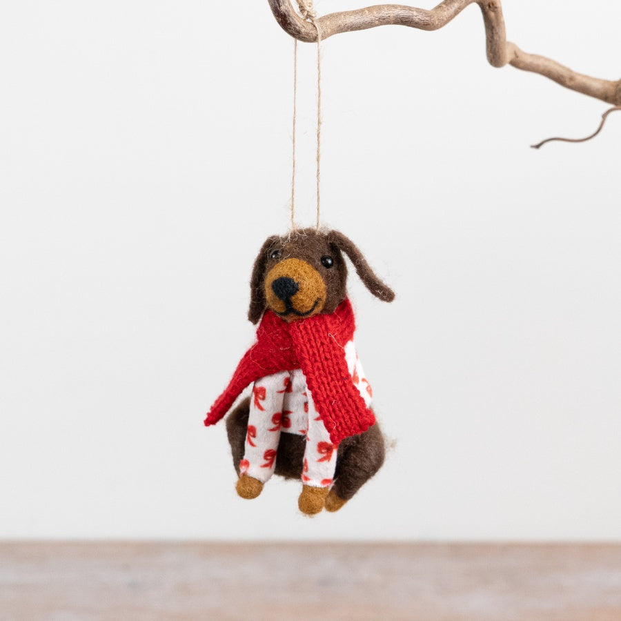 Felt Dog Hanger with Bow Jumper & Scarf Christmas Dog Decoration Hanging Ornament Festive Home Décor 9.5cm Item #79381