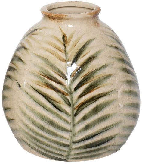 Letty Vase 18cm – Ceramic Vase with Palm Leaf Detail Green Gloss Crackle Finish Decorative Home Decor