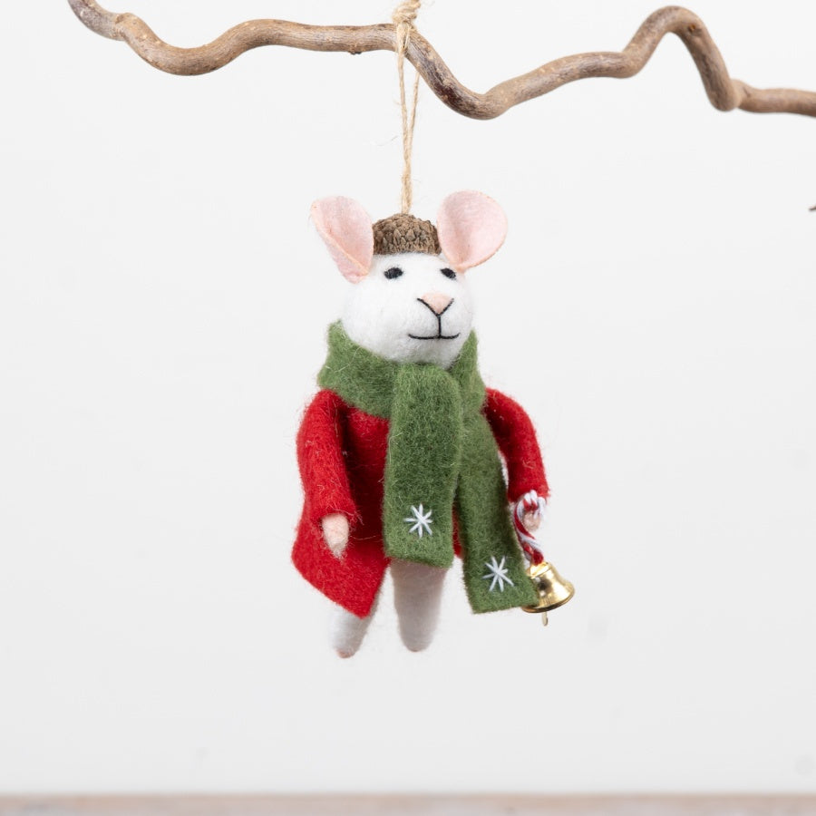 Acorn Hat Mouse Hanger Felt Mouse Decoration Red Coat Green Scarf Candy Cane Christmas Ornament 10cm Item #79466