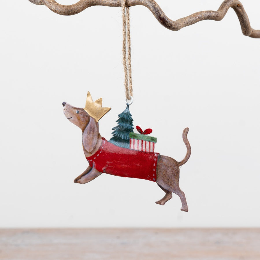 Metal Christmas Dog Hanger Dachshund Decoration Festive Coat Crown Tree Gift Hanging Ornament 11x7cm Item #79533