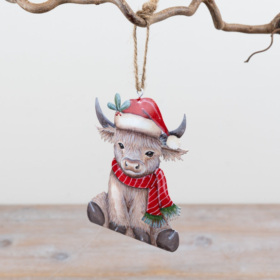 Metal Highland Cow Hanger Highland Cow Christmas Decoration Santa Hat Winter Scarf Jute Ornament 12x9cm Item #79542