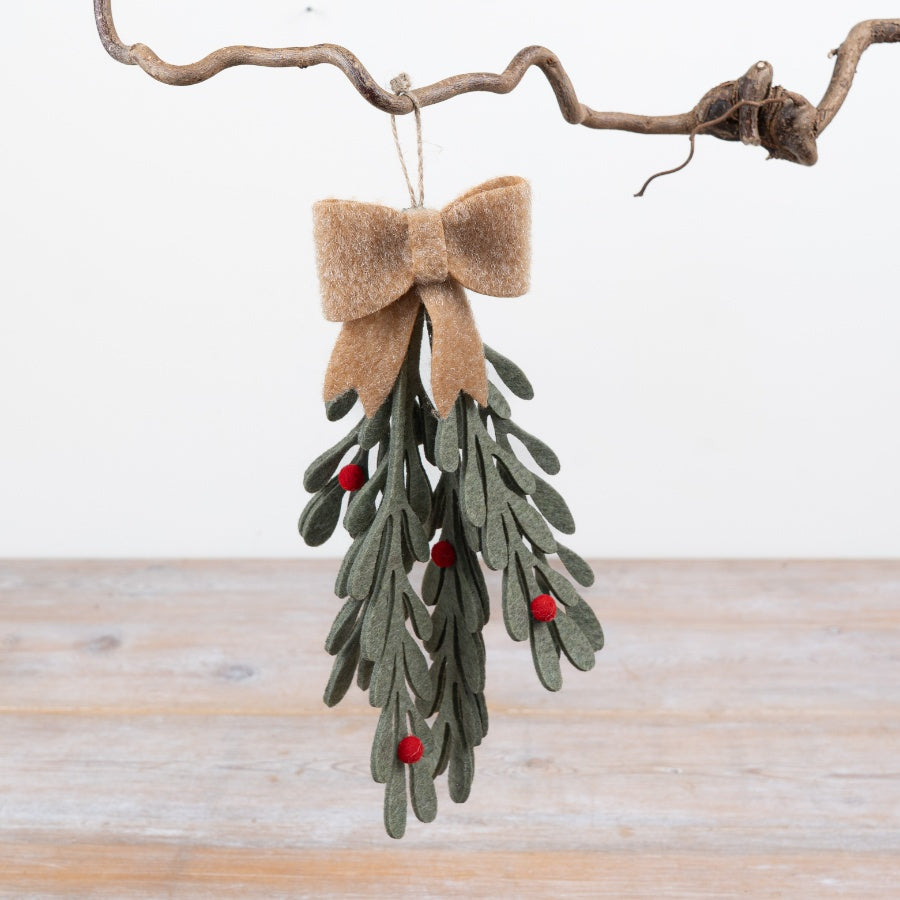 Felt Holly Hanging Decoration Layered Holly Leaves Red Berries Fabric Bow Christmas Hanging Décor 24cm Item #79549