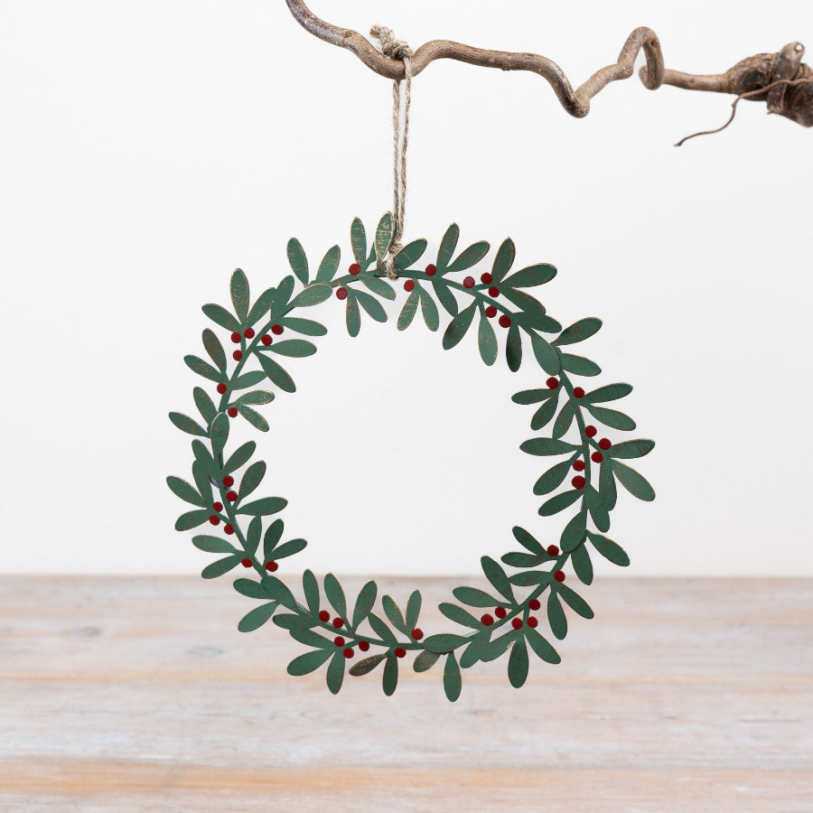 Metal Wreath Hanger Green Leaf Wreath Decoration Red Berry Jute Hanging Ornament Festive Décor 19.5cm Item #79572
